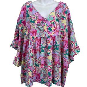 Emily Wonder Womens Paisly Dolman Sleeve Colorful Top Shirt V-Neck Blouse NWT 1X
